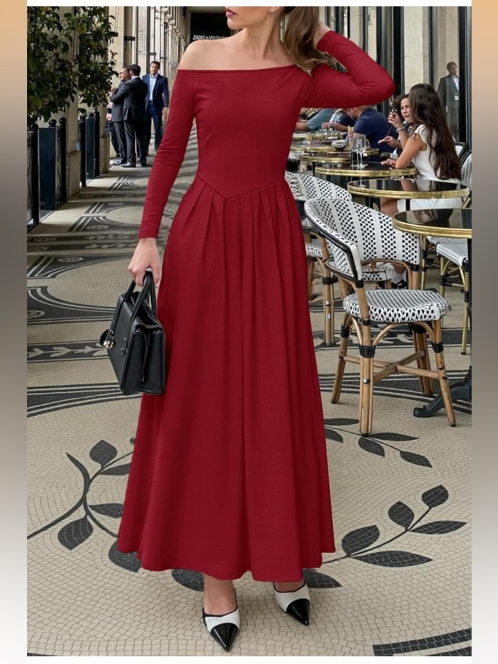 Elegant Burgundy Long Sleeve Pleated Maxi Dress 005 - Picture 7 of 7